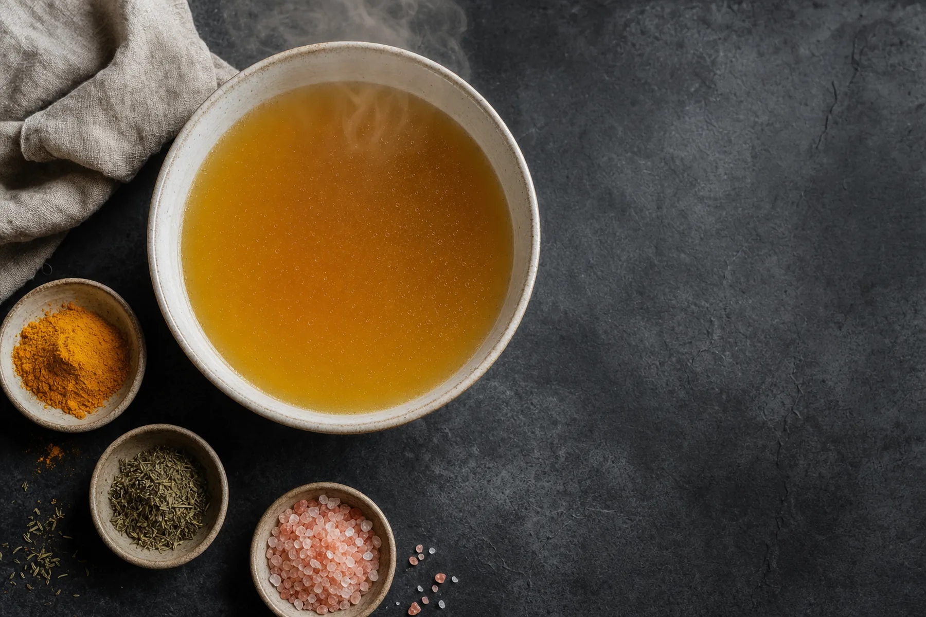 A bowl of golden bone broth beside small dishes of turmeric, dried thyme and Himalayan salt