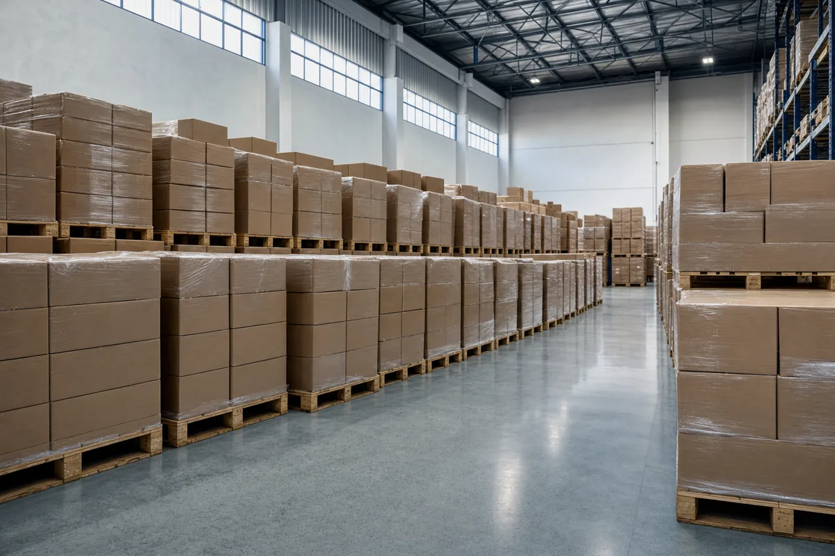 Rows of wrapped pallets stacked with cartons in a clean distribution warehouse