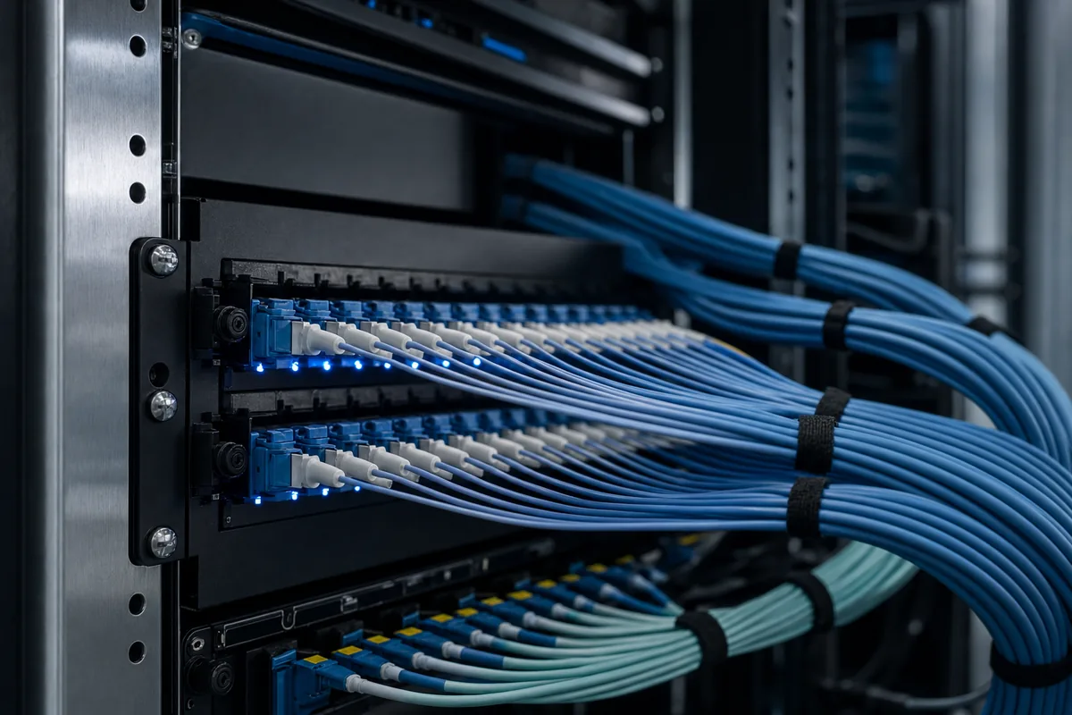 Neatly dressed fiber optic patch panel inside a network cabinet