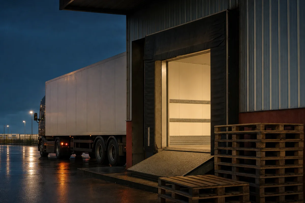 A trailer backed into a loading dock at dusk with pallets waiting alongside