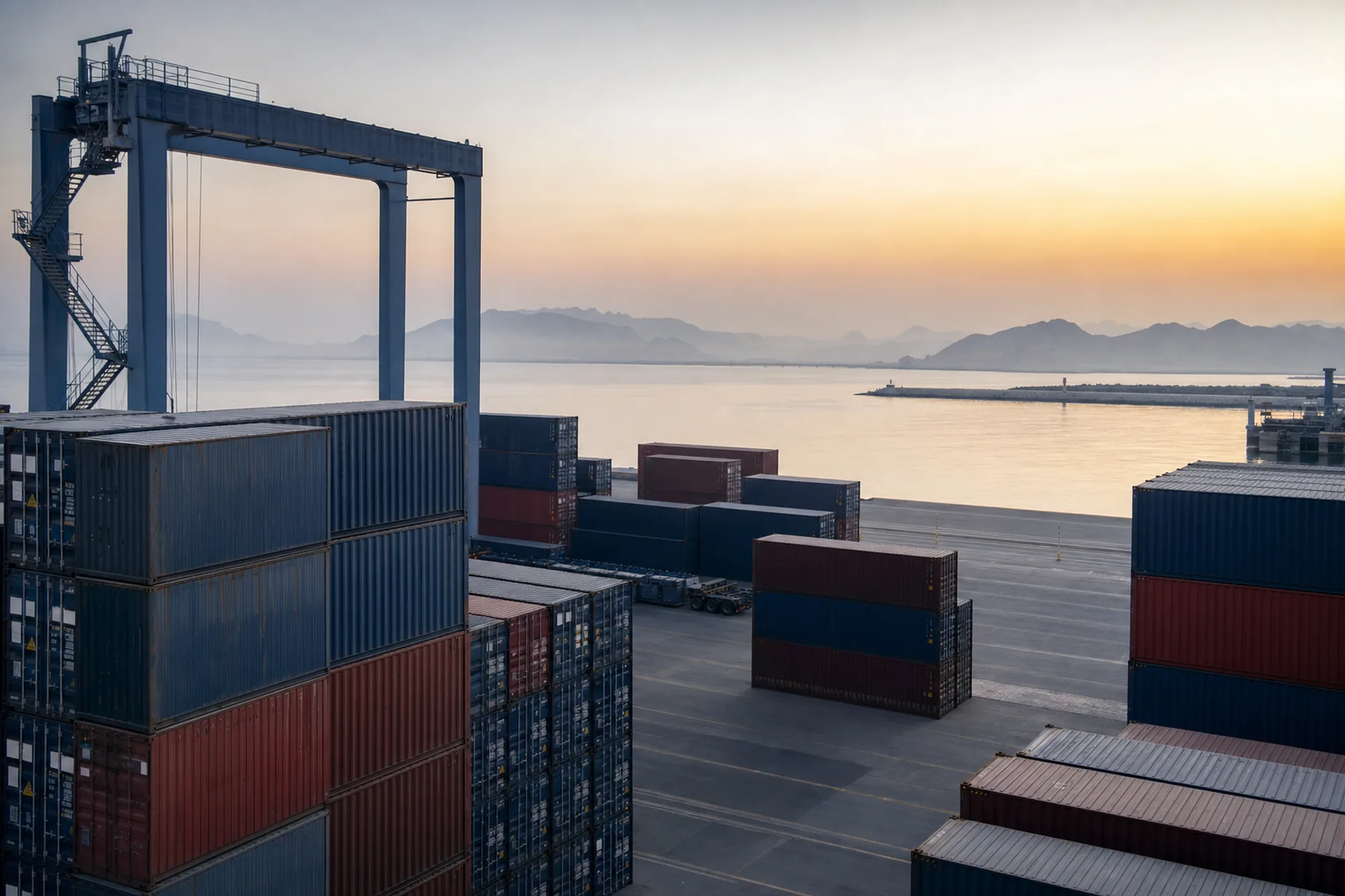 Containers stacked at a Gulf port terminal at first light